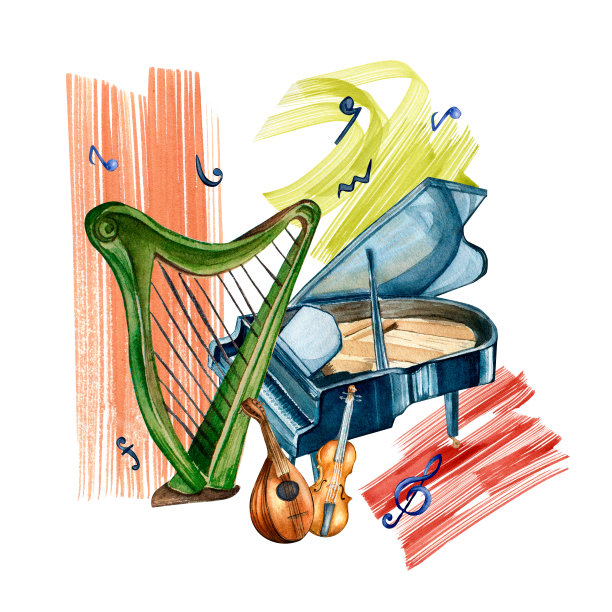 竖琴，小提琴，大钢琴，曼陀林和油漆笔画水彩插图隔离。图片下载