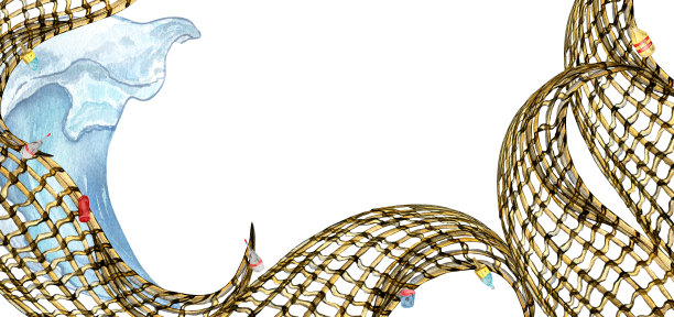 渔网和浮标的横幅，海景水彩插图孤立在白色背景。图片下载