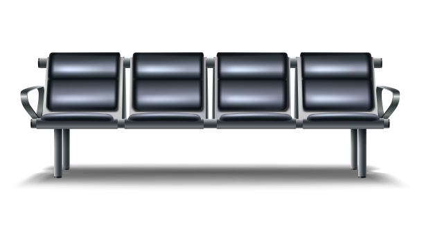 现实向量休息室机场设置。黑色皮革长凳，孤立的插图图标在白色背景。图片下载