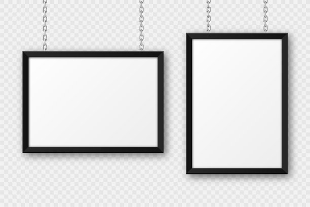 黑色的招牌挂在金属链上。餐厅菜单板。现代海报模型。空白照片或相框。广告或展示板。街头标语。矢量图图片下载