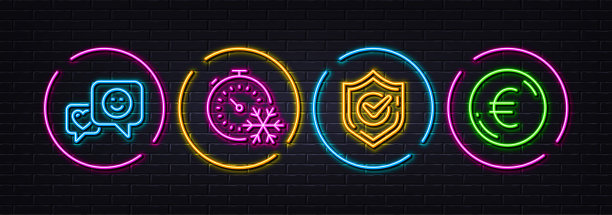 微笑，确认和冻结定时器最小线图标。对于web应用，打印。霓虹灯激光3d灯。向量图片下载