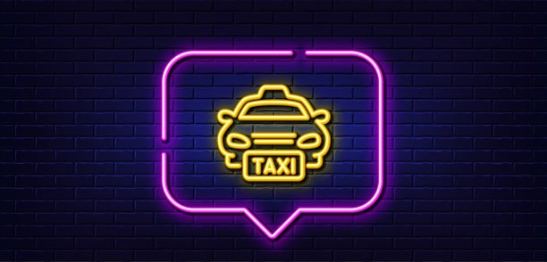出租车线路图标。出租车公共交通标志。霓虹灯语音泡泡。向量图片下载