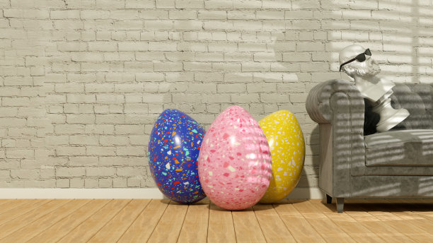 客厅里有巨大的复活节彩蛋，还有沙发和雕塑图片下载