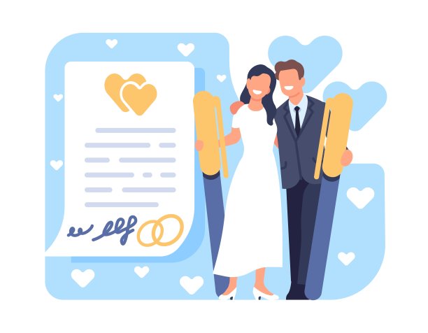 幸福的夫妇结婚并签署婚前协议。带有签名的文件页。婚姻登记。用大钢笔伺候和整理。婚礼仪式。向量的概念图片下载