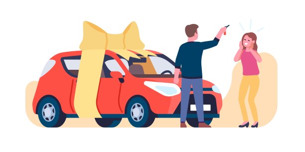 男人把车给了惊喜的女人。昂贵的礼物。带蝴蝶结的汽车。经销商礼品运输彩票赢家。代理销售车辆。节日奖。向量的概念图片下载
