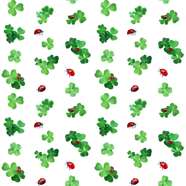 水彩手绘三叶草和瓢虫无缝模式。圣帕特里克节背景图片下载
