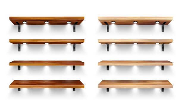 现实的木制商店货架与壁挂和照明，聚光灯。空的产品货架，杂货墙货架。商场和超市家具，书架。室内设计。矢量图图片下载