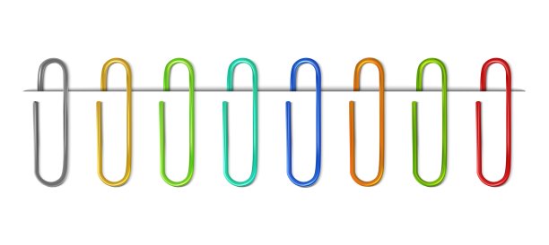 逼真的彩色回形针与纸的收集。图片下载