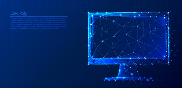 多边形笔记本电脑在深蓝色科技背景，三角形和粒子设计。图片下载