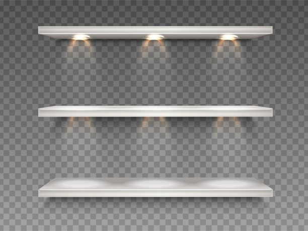 现实矢量白色超市货架透明背景与聚光灯。图片下载