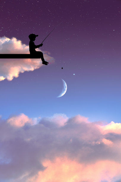 一个小男孩的剪影坐在一个钓鱼竿在美丽的星空图片下载