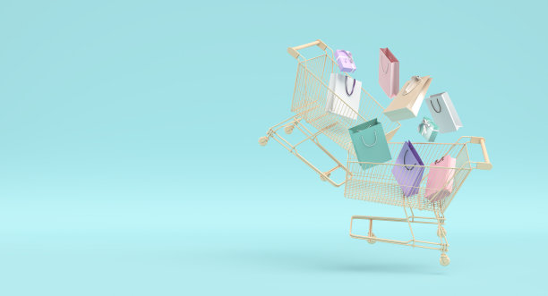 购物车和购物袋彩色3d渲染图片下载