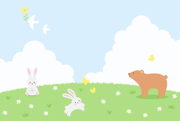 春季矢量背景与动物，昆虫和鲜花在绿色领域的横幅，卡片，传单，社交媒体壁纸等。图片下载