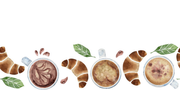 水彩手绘水平无缝横幅与咖啡杯，叶子，豆子，牛角包，橙色。孤立在白色背景上。用于邀请，咖啡馆，餐厅的食物菜单，打印，网站，卡片图片下载
