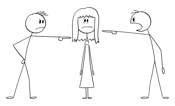 男人指责或指责女人或女孩，矢量卡通简笔插图图片下载
