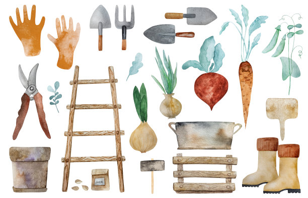 园林设备和收获水彩画图片下载