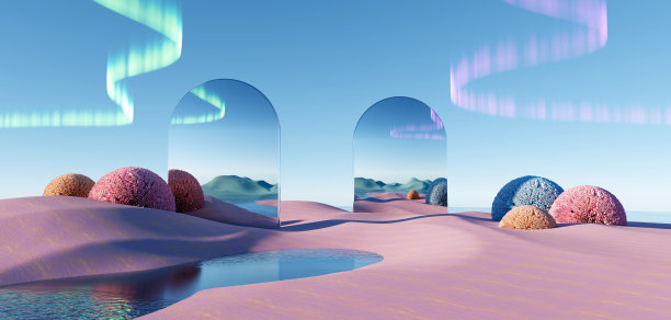 三维渲染超现实的粉彩景观背景与几何形状，抽象梦幻沙漠沙丘调味景观与拱门，全景，未来场景与复制空间，蓝天和多云图片下载