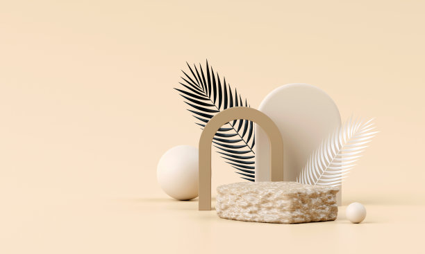 3D渲染，最小米色石材展示平台的产品模型或化妆品在布朗工作室展示图片下载