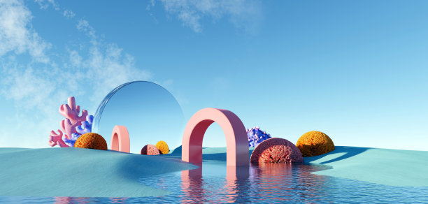 三维渲染超现实的粉彩景观背景与几何形状，抽象梦幻沙漠沙丘调味景观与拱门，全景，未来场景与复制空间，蓝天和多云图片下载