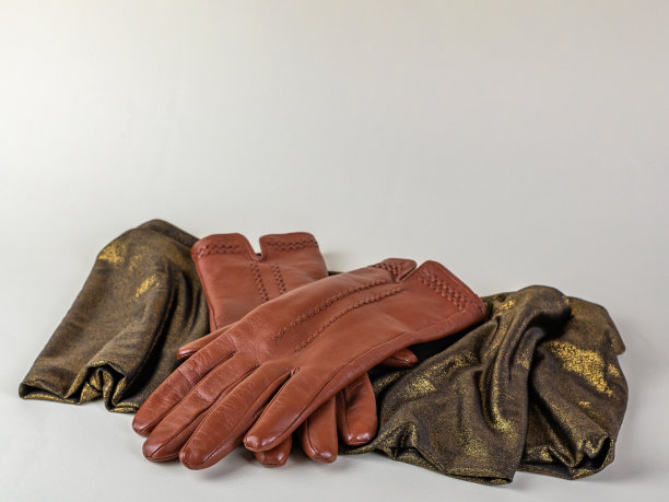 优雅的女性棕色皮革手套躺在绿色围巾与金色色调在浅背景。一副崭新的棕色皮手套，配着绿金相间的围巾，孤零零地放在浅色背景上图片下载