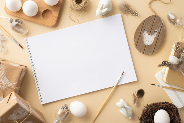 复活节的概念。相册的顶部视图照片刷子鸡蛋在木架工艺纸礼盒缠绕乡村装饰鹌鹑巢陶瓷兔子和羽毛孤立的米色背景与空白图片下载
