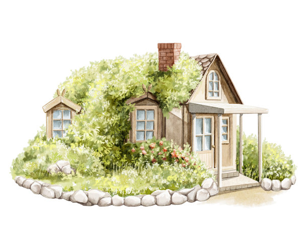 水彩卡通复古乡村小屋和绿色植物图片下载