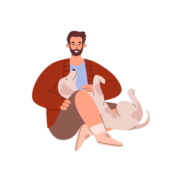 爱护细心的宠物主人和狗，平面矢量插图孤立在白色上。图片下载