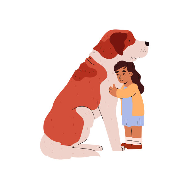 儿童抱着一个巨大的狗字符ESA，平面矢量插图孤立。图片下载