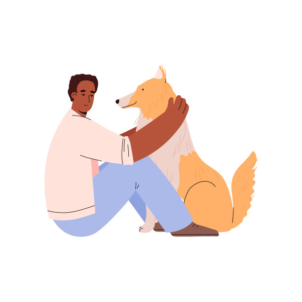 男人在地板上和可爱的狗狗爱抚玩耍，平矢孤立。图片下载