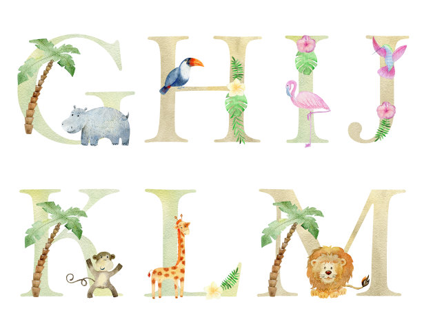 水彩画动物字母。图片下载