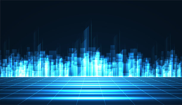 深蓝色背景上的城市景观明亮发光的霓虹灯。科技城市背景图片下载