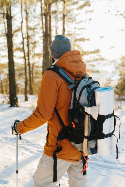 徒步旅行者背着背包在冰雪覆盖的冬季森林中行走。图片下载