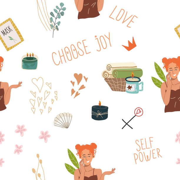 无缝图案，数码纸，个人护理主题包装纸:女孩，心，面具，蜡烛，花。平面卡通矢量插图，手绘风格。自爱、健康的观念。图片下载