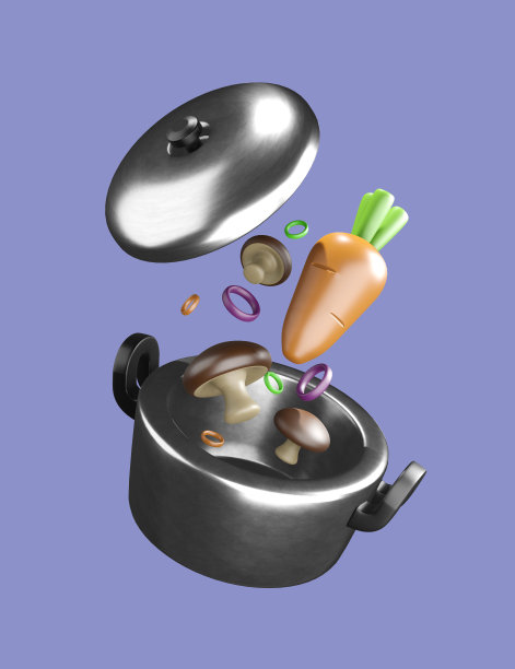 银色锅和盖子与蔬菜或食物3d渲染孤立的背景。图片下载