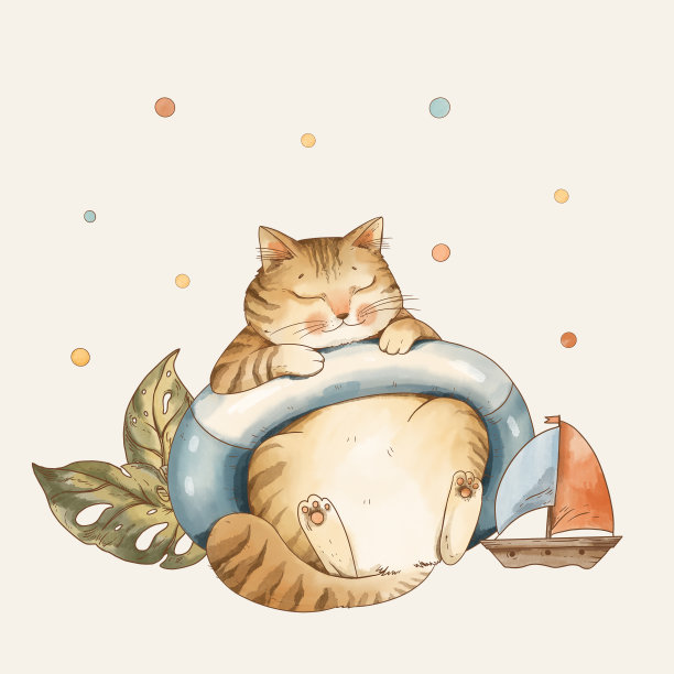 可爱的猫度假，复古贺卡，水彩异想天开的插图图片下载