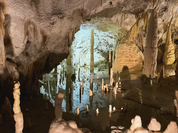 含石灰岩的溶洞内湖图片下载
