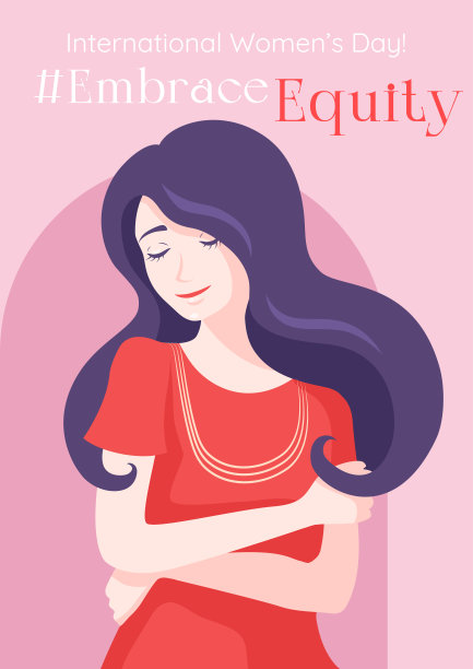 国际妇女节的横幅上有一个女性角色抱着自己。图片下载