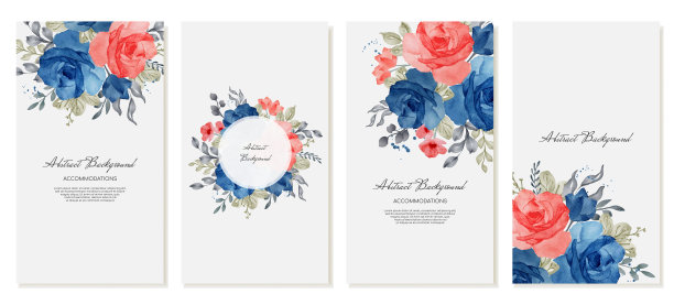 优雅的垂直模板卡片，社交媒体帖子与水彩花，蓝色玫瑰。向量图片下载