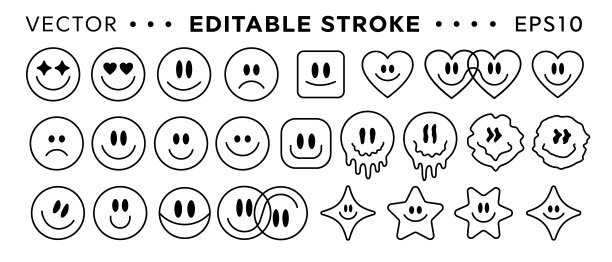 酷时髦的微笑贴纸包。集Groovy补丁矢量设计..波普艺术徽章。图片下载