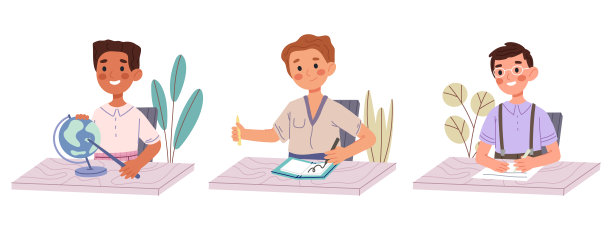 男生坐在课桌前。小学生课堂活动，男生写写画平面矢量插画集图片下载