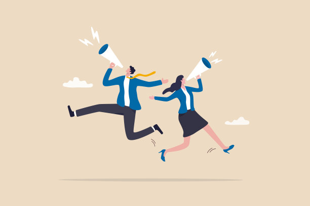 传达信息，宣布招聘职位空缺，高喊晋升或公司沟通，警告警惕或警惕或重要信息概念，商人和妇女在扩音器上大喊。图片下载