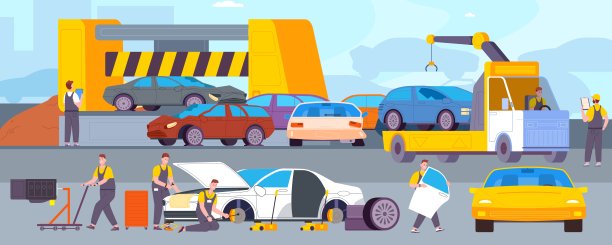 汽车垃圾场。回收废弃汽车的金属废料，拆解生锈的旧汽车垃圾，垃圾场垃圾汽车倾倒机械零件砸汽车，精彩的矢量插图图片下载