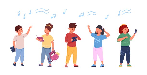 孩子歌手。小朋友唱歌，小朋友有嗓子为学校唱诗班，男孩和女孩在舞台上唱歌跳舞表演，快乐的小朋友朋友音乐活动卡通矢量插画图片下载