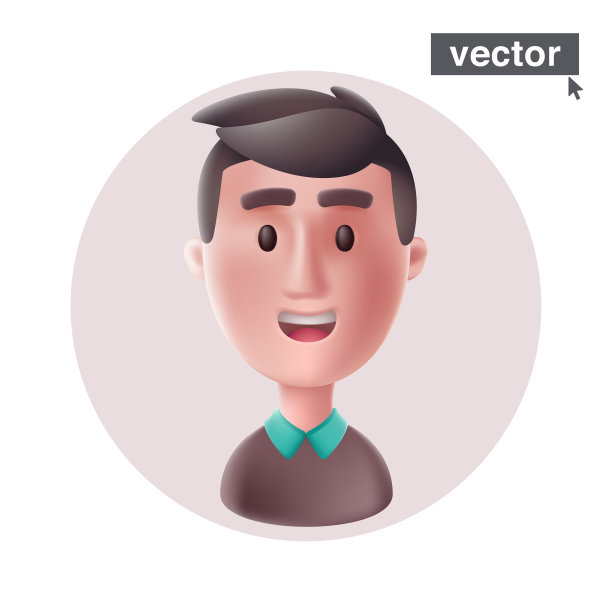 年轻的微笑男子头像在圆形框架。现实的3D风格矢量字符插图在卡通风格。图片下载