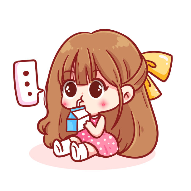 可爱的女孩坐着喝牛奶卡通人物手绘艺术插图图片下载