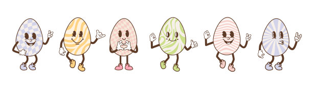 一套装饰的复活节彩蛋与复古groovy怪诞的图案在60年代70年代的风格和有趣的面孔。绝妙的嬉皮快乐复活节角色吉祥物扭曲的迷幻设计。矢量平面图图片下载