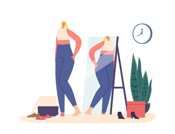 时髦的女人穿着时尚的服装背心和牛仔裤在镜子前摆姿势。年轻金发适合女性角色图片下载