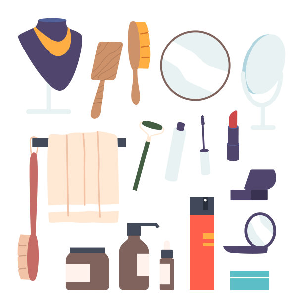 一套女性护理和美容工具和项目。珠宝，梳子或梳子，镜子和毛巾。口红、面霜图片下载