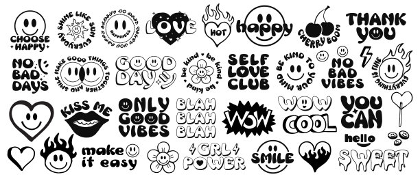 酷时髦的微笑贴纸包。集Groovy补丁矢量设计..波普艺术徽章。图片下载