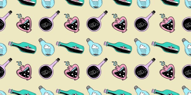 彩色瓶子、容器、灯泡的无缝图案，黄色背景，数字插画图片下载